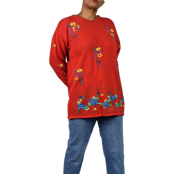 Vintage Birch Bros Eagles Eye Embroidery Sweater Red Floral Bouquet Medium Large - Picture 13 of 14
